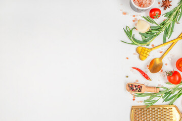 Canvas Print - Flat lay composition with ingredients for cooking spices and herbs on white background, copy space