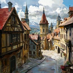 Poster - Medieval European Town Street: A Picturesque Painting