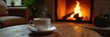 © Chanya2498 - A steaming cup of tea on a coffee table next to a roaring fireplace, calm, warm