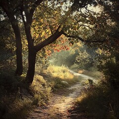 Poster - Sunlit Forest Path: A Serene Nature Walk