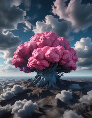 Wall Mural - A vibrant pink cerebral cortex drifts aimlessly in the clear blue sky above a dense bank of dark grey clouds, ethereal, soft focus, airy