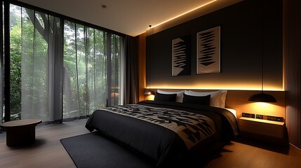 Sticker - Modern bedroom interior with large windows, stylish decor, and serene outdoor view