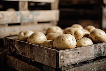 Poster - potatoes in wooden crates at the warehouse