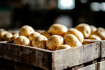 Poster - potatoes in wooden crates at the warehouse