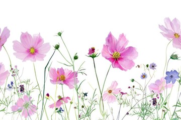 Wall Mural - Pink cosmos flowers and wildflowers outdoors blossom nature