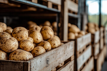 Poster - potatoes in wooden crates at the warehouse