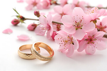 Delicate pink flowers and two golden wedding rings elegantly displayed on a white background