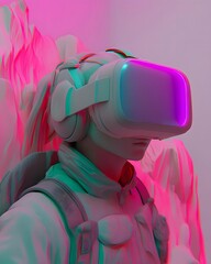 Wall Mural - A futuristic figure wearing a VR headset, surrounded by abstract, colorful elements.