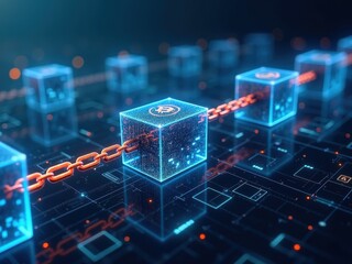 Wall Mural - visual representation of blockchain technology with glowing cubes connected by digital chains showca
