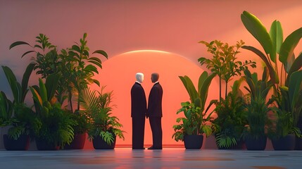 Wall Mural - Two figures stand together amidst lush plants, framed by a warm sunset glow.