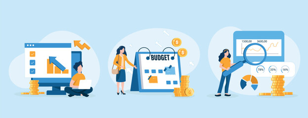 Sales performance isolated set. Financial profit growth, increase in earnings. People collection of scenes in flat design. Vector illustration for blogging, website, mobile app, promotional materials