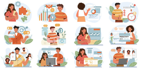 Set business flat vector illustration design concept. Team, online video conference meeting, business planning, finance, data analytics. For graphic and web page banners. Cartoon character design.	