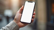 © NJstock - hand holding smartphone, white screen, mockup