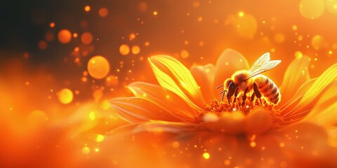Wall Mural - honeybee on glowing orange flower