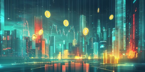 Wall Mural - A futuristic city skyline with skyscrapers represented as digital tokens floating above real-world objects like buildings, gold bars, and stock charts