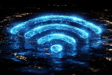 Wall Mural - glowing wi-fi symbol on dark water. abstract digital network concept.