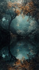 Sticker - Enchanted Forest Lake Reflection: A Serene Autumn Landscape