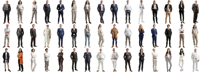 Many business people set isolated background, casual formal attire wear, full body length, networking mixed different diversed businesspeople, happy male female, successful career, crisp edges style