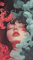 Wall Mural - Serene Dreams: A Surreal Portrait in Red and Teal