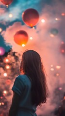 Wall Mural - Woman Gazing at Balloons in a Dreamy Sunset