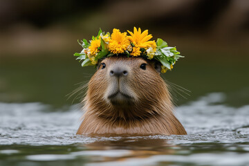 Capybara wearing yellow flower crown in water. Nature and wildlife content