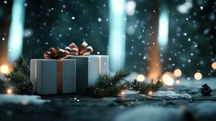 Wall Mural - christmas gift box with bronze ribbon on snowy pine branches with bokeh lights. holiday and winter c