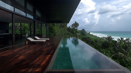 Sticker - Modern luxury villa with infinity pool overlooking tropical beach and lush greenery