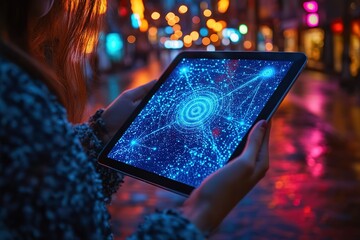 Wall Mural - person viewing a digital network visualization on a tablet at night.