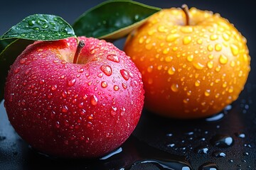 Wall Mural - Juicy red and yellow apples glistening with water droplets.