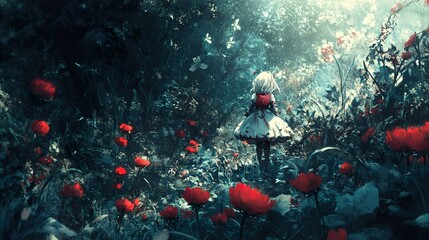 Wall Mural - Girl in a Red Flower Forest: A Digital Painting