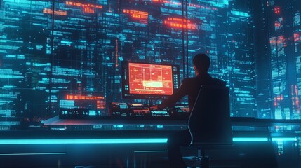 Futuristic data analyst working at a glowing screen, highly detailed, sleek and advanced, dynamic and vibrant, technological and powerful, innovative atmosphere