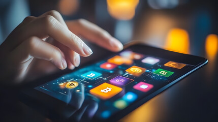 a person using a holographic interface to manage blockchain transactions in a digital environment, d