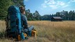 © koya - Hiker rests in field by forest cabin, sunny sky
