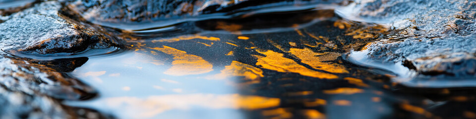 Wall Mural - Shallow Water Over Dark Rocks with Orange and Blue Reflections