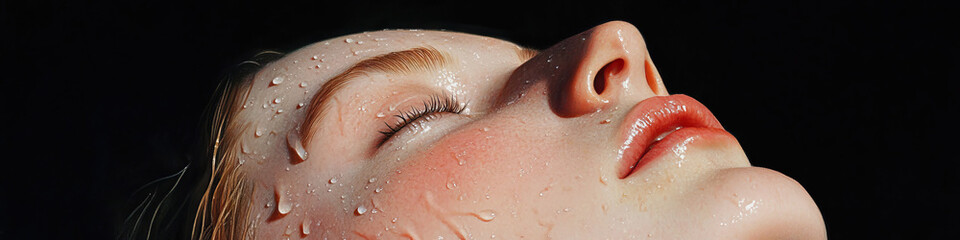 Wall Mural - Close-up of a Woman's Face with Water Droplets