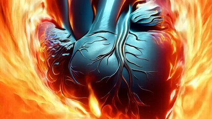 Fototapete - A dramatic depiction of a human heart surrounded by intense flames, symbolizing passion, energy, and vitality in an artistic style.