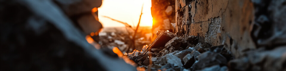 Wall Mural - Sunset View of Damaged Brick Wall and Rubble