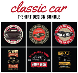 Wall Mural - Classic Car T-shirt Design Bundle. American vintage cars vector t-shirt graphics. old retro Cars tees.