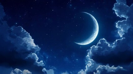 Poster - A serene night sky featuring a glowing crescent moon surrounded by twinkling stars and soft clouds, creating a peaceful atmosphere.