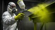 © Oxana39 - Adult male in protective gear performing industrial spray painting with yellow powder