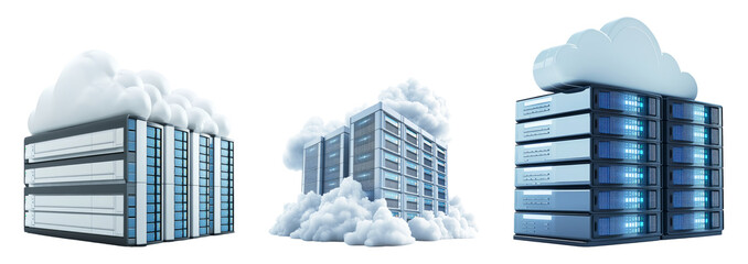 Three isolated data center servers with clouds on a transparent background