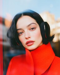 Aufkleber - Chic Winter Fashion Latina Woman, 29, in Black Earmuffs and Red Wool Coat by Frosted Glass - Contemporary Street Style for Dynamic Retail and Digital Visual Marketing
