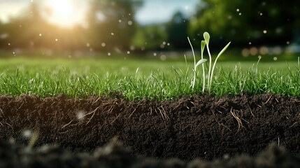 New grass sprouts in fertile soil under bright sunlight, symbolizing growth and renewal in a peaceful outdoor setting