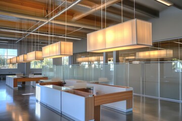 Wall Mural - A clean, open-space office with suspended lighting, glass dividers, and modular workstations