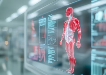 Leinwandbilder - Sleek Transparent Display with Digital Health Metrics and AI Visualization in Modern Medical Facility - Innovative Patient Monitoring and Wellness Data Integration