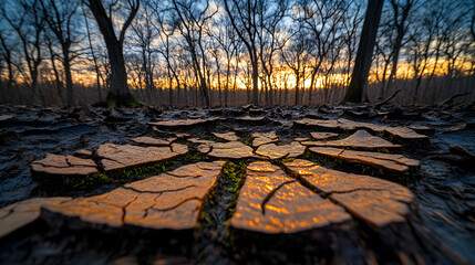 Sunset in a forest, cracked earth in foreground, nature scene, environmental photography, website background