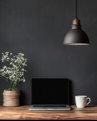 Leinwandbilder - Minimalist Workspace Aesthetic Sleek Laptop, Ceramic Mug and Woven Plant on Textured Wood - Modern Remote Work Content and Business Productivity Themes