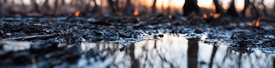 Wall Mural - Muddy Ground with Water Reflection and Distant Fire