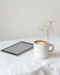 Poster - Minimalist Financial Workspace Sleek Tablet with Economic Trends and Ceramic Coffee Cup - Modern Investment Strategy and Digital Asset Management for Tech Professionals