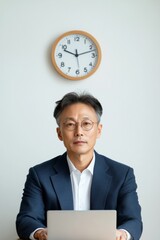 Aufkleber - Modern Office Minimalism South Korean Businessman Engages with Digital Tax Software - Enhancing Efficiency and Professional Aesthetics in Contemporary Workspaces